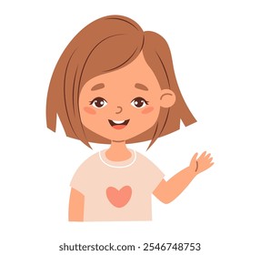 Portrait of stylish Smiling Girl with short brown hair in Heart Shirt Waving his hand. Vector illustration. Happy anime female child character isolated on white background. Print for T-shirt for kids 