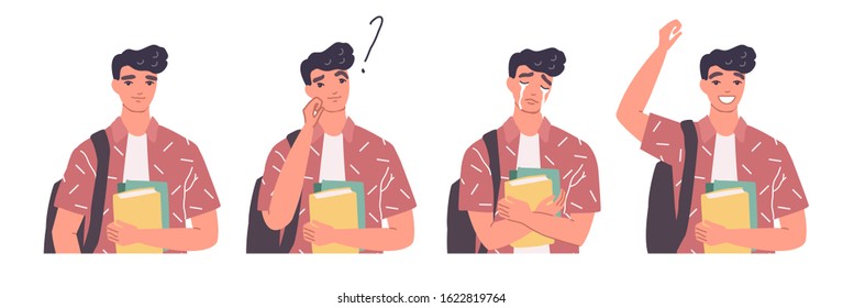 Portrait of stylish smiling teenage. Set of different emotions. Young men in casual clothes with books.