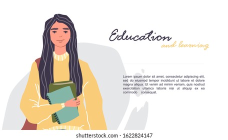 Portrait of stylish smiling teenage. Young women in casual clothes with backbackpacks and books. Horizontal banner with place for text.