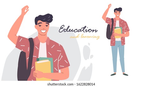 Portrait of stylish smiling teenage. Young men in casual clothes with backbackpacks and books. Student rejoices in success