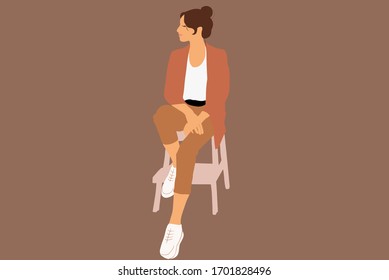 Portrait of a stylish woman dressed casually in a business style sitting on the color background. Vector illustration in flat cartoon style