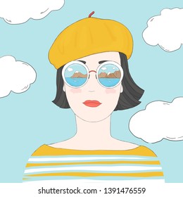 Portrait of a stylish woman with short dark hair in mirrored glasses and a beret. Colorful vector illustration in sketch style. Hand-drawn.