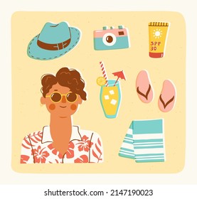 Portrait of a stylish young man in round glasses. Vector illustration of a tourist on his summer vacation in trendy retro style.