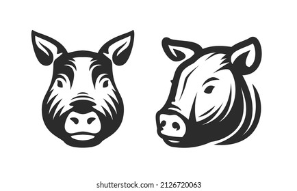 Portrait or stylized symbol of pig head. White and black vector illustration