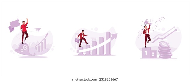 Portrait of success by climbing to the top of the mountain. A man in a suit climbs a chart-shaped staircase. Male businessman jumping and carrying a trophy. Trend Modern vector flat illustration.