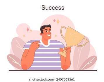 Portrait of Success illustration. An elated man holds a trophy aloft, a testament to achievement and the rewards of perseverance. Celebratory and uplifting. Flat vector illustration