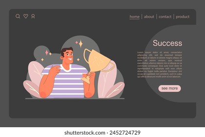 Portrait of Success illustration. An elated man holds a trophy aloft, a testament to achievement and the rewards of perseverance. Celebratory and uplifting. Flat vector illustration