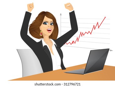 portrait of successful businesswoman with arms up with computer in office 