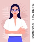 Portrait of a successful girl with arms crossed. Business woman smiling. Vector flat illustration