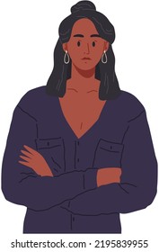Portrait of successful girl with arms crossed. African american businesswoman serious facial expression. Dark skinned female character standing isolated on white. Person dressed in blue shirt