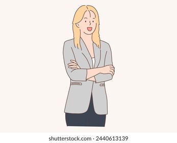 Portrait of a successful girl with crossed arms. Business woman smiling. Hand drawn style vector design illustration.