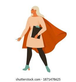 Portrait of a successful girl wearing a superhero сape . Business woman with a folder of documents. Vector flat illustration.