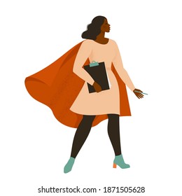 Portrait of a successful girl wearing a superhero сape . Business woman with a folder of documents. Vector flat illustration.