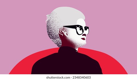 Portrait of a successful mature woman with glasses in a stylish outfit. A stylish female (businesswoman) with a slight smile, a sideways glance on a pastel pink background.  Vector flat illustration