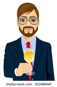 portrait of successful young bearded businessman toasting with a glass of champagne
