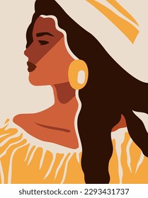 Retrato verano mujer africana negra de moda vestido amarillo sombrero afiche de arte contemporáneo estilo mínimo vectorial ilustración plana. Belleza Afroelegante mujer romántica elegante pintura dibujada a mano estética