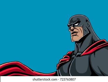 Portrait of superhero in black costume and red cape. 