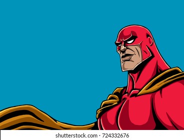 Portrait of superhero in red costume and yellow cape. 