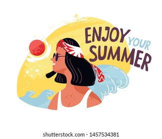 Portrait of surfer woman wearing sunglasses standing by the seashore on summer sea vacation. Summer illustration with sea waves. Nomad lifestyle.