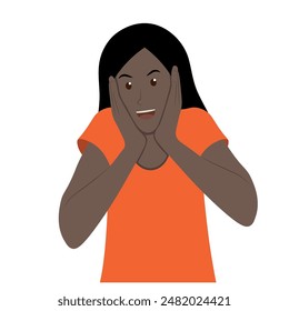 Portrait of a surprised African American girl who put her hands to her face, isolate on white, simple illustration, flat style, minimalism, emotional sticker