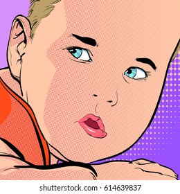 Portrait of surprised baby. Surprised boy. Surprised baby boy. Concept idea of advertisement and promo. Halftone background.  