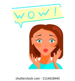 Portrait of Surprised beautiful woman with WOW bubble. Vector illustration eps 10