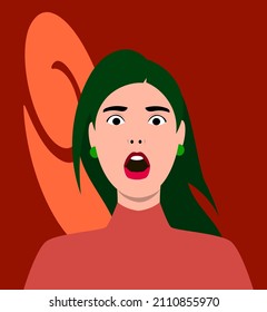Portrait of a surprised girl with an open mouth. Defeat, outrage. Avatar for social networks. Bright vector illustration in a flat style.