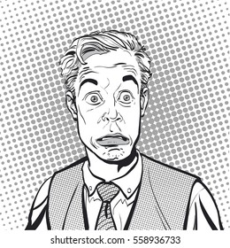 Portrait of surprised man. Surprised businessman. Surprised man. Concept idea of advertisement and promo. Pop art retro style illustration. People in retro style. Halftone background.  question what.