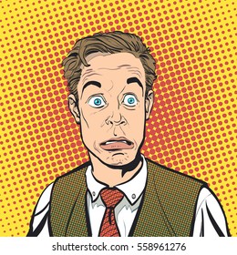 Portrait of surprised man. Surprised businessman. Surprised man. Concept idea of advertisement and promo. Pop art retro style illustration. People in retro style. Halftone background.  question what.