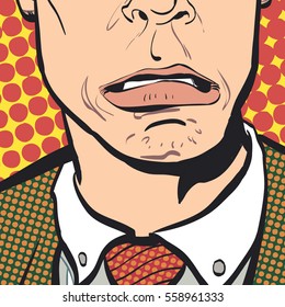 Portrait of surprised man. Surprised businessman. Surprised man. Concept idea of advertisement and promo. Pop art retro style illustration. People in retro style. Halftone background. Man's lips