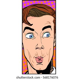 Portrait of surprised man. Surprised businessman. Surprised man. Concept idea of advertisement and promo. Pop art retro style illustration. People in retro style. Halftone background.  question what.
