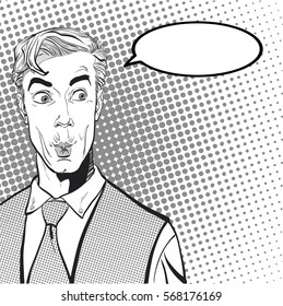 Portrait of surprised man. Surprised businessman. Surprised man. Concept idea of advertisement and promo. Pop art retro style illustration. People in retro style. Halftone background.  question what.
