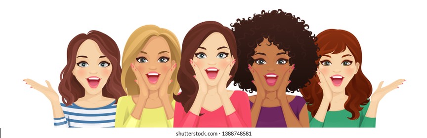 Portrait of surprised mixed race women with open mouth isolated vector illustration