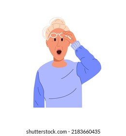 Portrait of surprised old woman. Shocked elderly lady with open mouth. Gossip, rumors and secrets concept. Grandmother expressing wonder. Color flat vector illustration isolated on white background