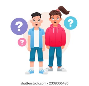 Portrait of surprised schoolchildren. A boy and a girl surrounded by question bubbles. Children's problems. Young children have a question. A smart, thinking guy and a girl solving problems. 