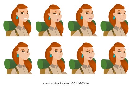 Portrait of surprised traveler with opened mouth. Traveler with surprised face expression. Set of traveler with different facial emotions. Vector flat design illustrations isolated on white background