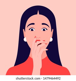 Portrait of a surprised woman. Face of shocked girl with hand over open mouth. Avatar. Vector flat illustration