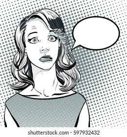 Portrait of surprised woman. Surprised woman. Surprised girl. Concept idea of advertisement and promo. Pop art retro style illustration. People in retro style. Halftone background. Woman's face.