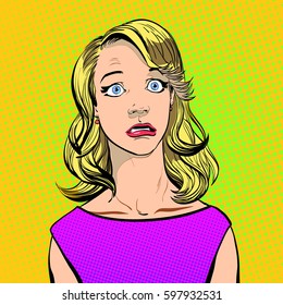 Portrait of surprised woman. Surprised woman. Surprised girl. Concept idea of advertisement and promo. Pop art retro style illustration. People in retro style. Halftone background. Woman's face.