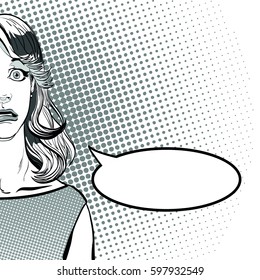 Portrait of surprised woman. Surprised woman. Surprised girl. Concept idea of advertisement and promo. Pop art retro style illustration. People in retro style. Halftone background. Woman's face.