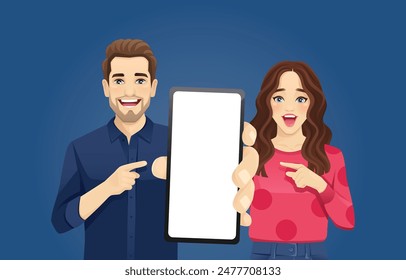 Portrait of surprised young woman and man showing blank phone screen vector illustration on dark blue backgrounds set