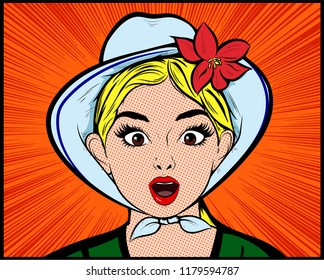 Portrait of Surprising And Wondering young girl wearing fedora hat with ties under the chin, classy looking . Pop Art Comic book style, retro, vintage illustration