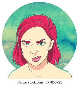 Portrait of suspicious young girl with haircut bob and pink hair on on the watercolor background