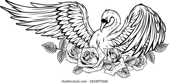 Portrait of a swan with spread wings with banner and red roses.