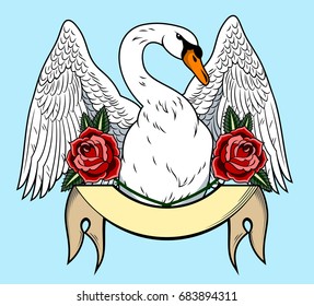 Portrait of a swan with spread wings with banner and red roses.  Old school tattoo style