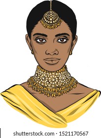 Portrait of a swarthy young, attractive Indian woman. Dressed in a yellow sari, elegant necklace on the neck, jewelry on the head, earrings in the ears. Nose piercing. Brunette with brown eyes. vector