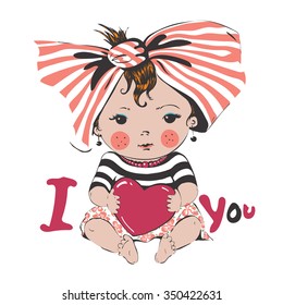  portrait of sweet  little baby girl with heart and bow, hand drawn fashion illustration, can be used for kids' or babies' shirt designs