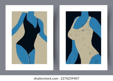 Portrait swimsuit female body wall art print. Printable minimal abstract poster. Wall artwork for interior design. Contemporary decorative background. 