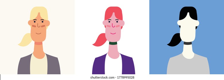 Portrait of a tall business lady. Colored pack and silhouette. Avatar. Vector Flat Illustration.