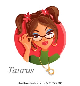 Portrait of taurus astrological sign as beautiful woman.  Girl zodiac. Brunette girl wearing glasses. Astrological sign as jewelry. Vector.